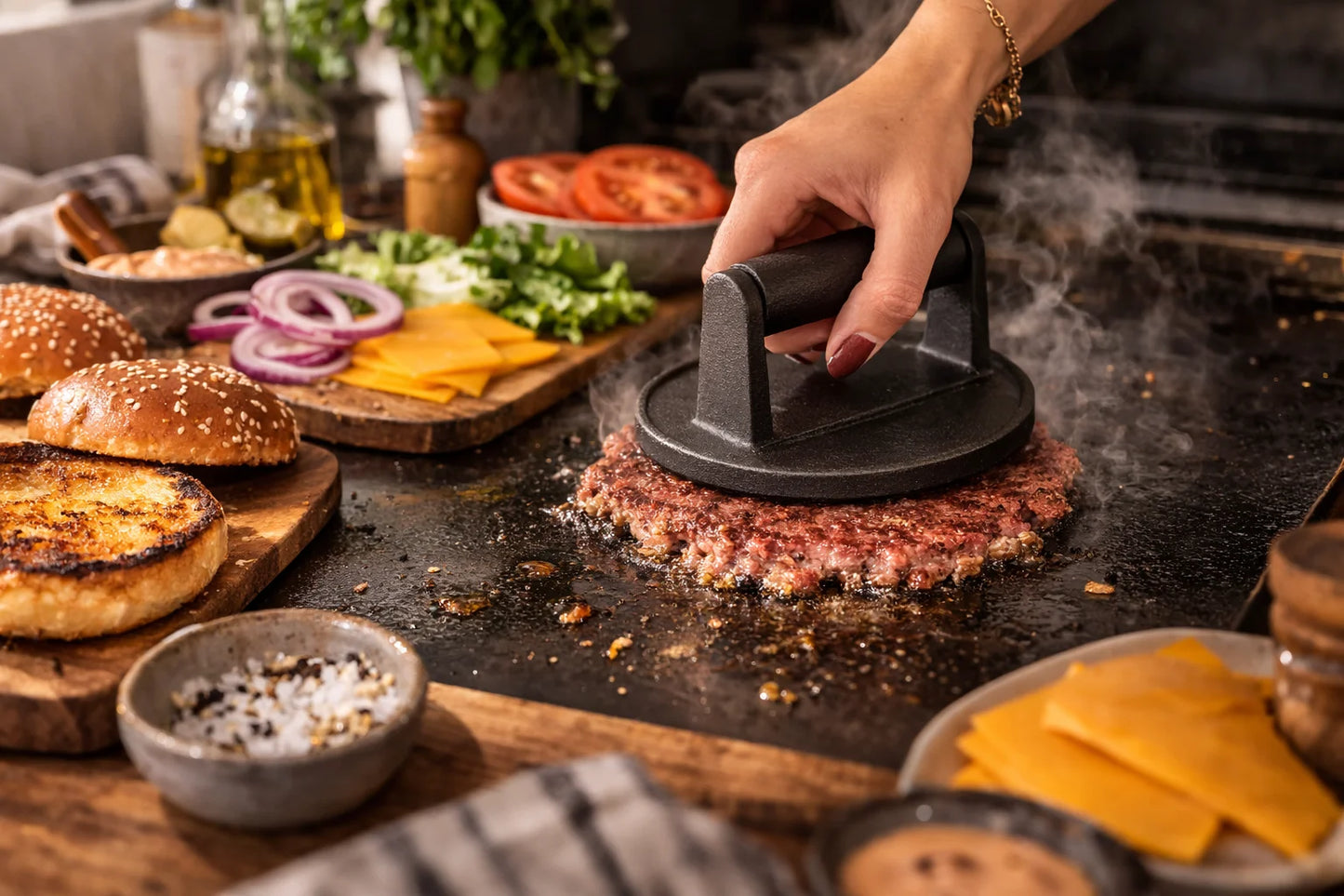 Es wird ein Burger Pattie von einer Frau gesmashed