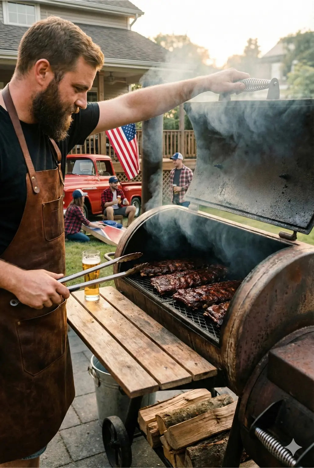 Mann steht an einem Smoker und bereitet Rippchen zu, im Hintergrund trinken seine Freunde Bier an einem USA Pick-Up