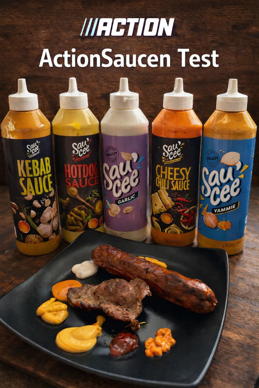 5 Saucen von Action stehend vor einem Teller mit Bratwurst und Schweinenacken