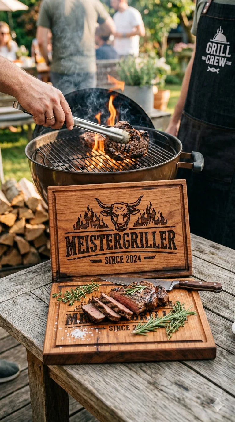 Laser gravierte Holzbretter vor einem Holzkohlegrill auf dem leckeres Fleisch über dem Feuer gegrillt wird