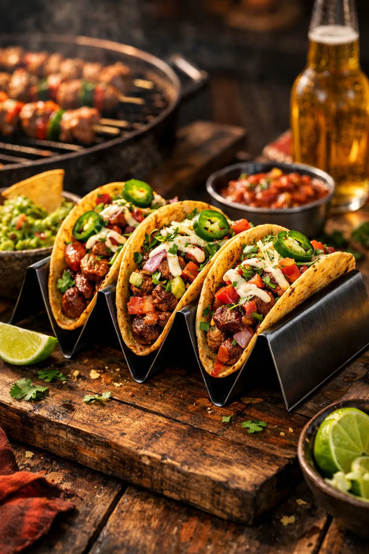 Leckere Tacos in dem Taco Halter, im Hintergrund steht ein Holzkohlegrill