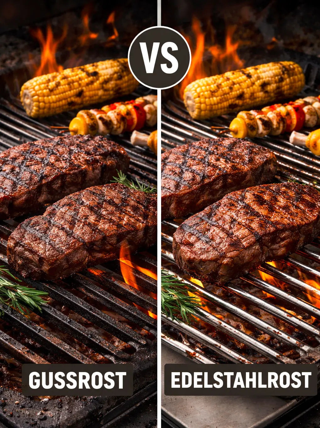 Vergleich von Gussrost und Edelstahlrost beim Grillen – zwei Steaks auf dem Grillrost mit deutlichen Grillstreifen, links Gussrost und rechts Edelstahlrost.