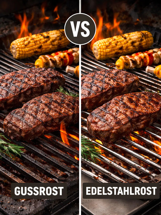 Vergleich von Gussrost und Edelstahlrost beim Grillen – zwei Steaks auf dem Grillrost mit deutlichen Grillstreifen, links Gussrost und rechts Edelstahlrost.