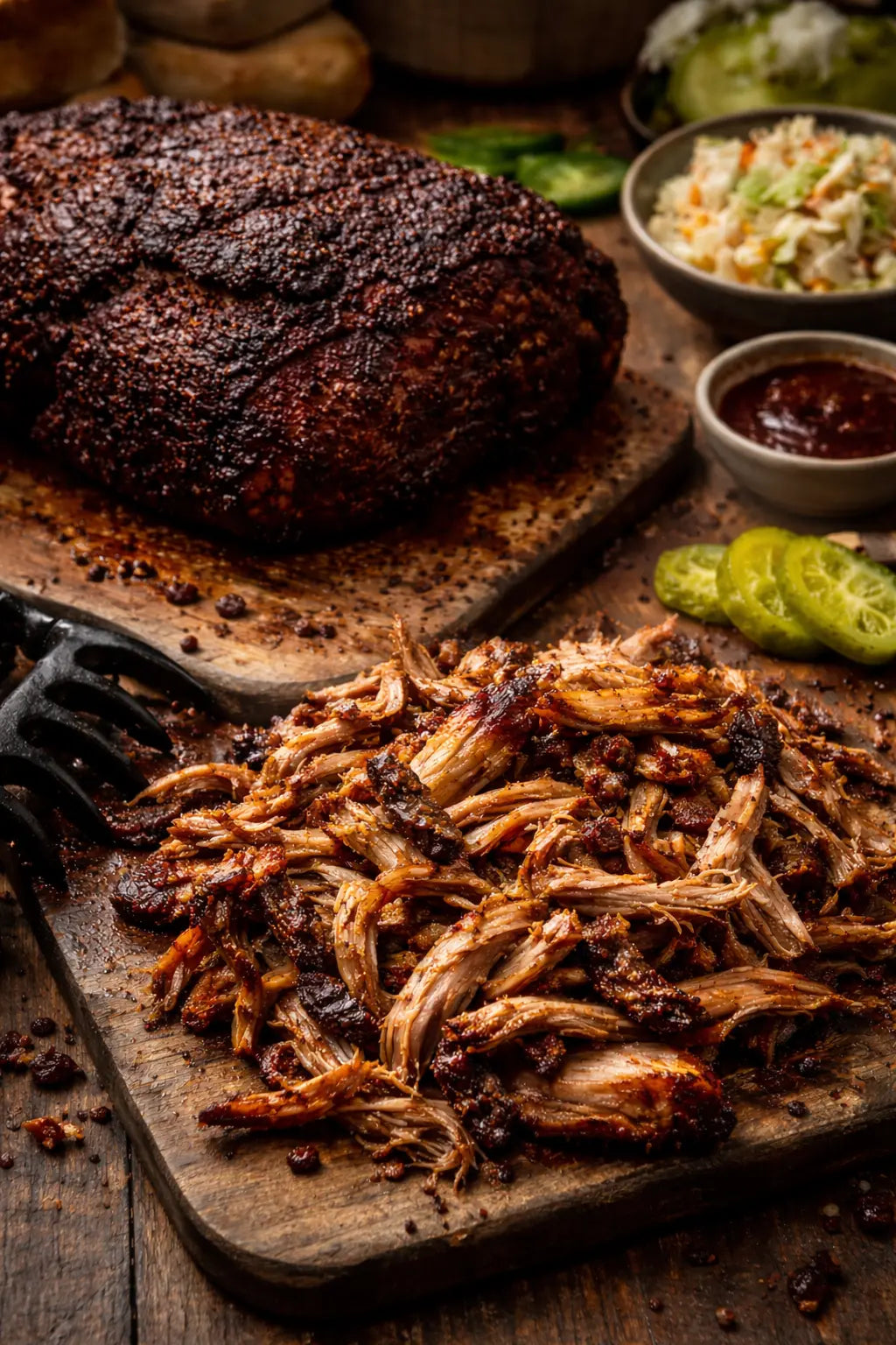 Leckeres Pulled Pork gezupft auf dem Tisch neben einem kompletten Pulled Pork und Beilagen