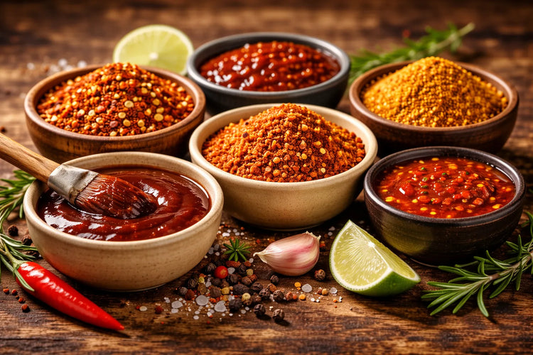 Schälchen mit Rubs, Gewürzen und Saucen auf einem rustikalem Tisch