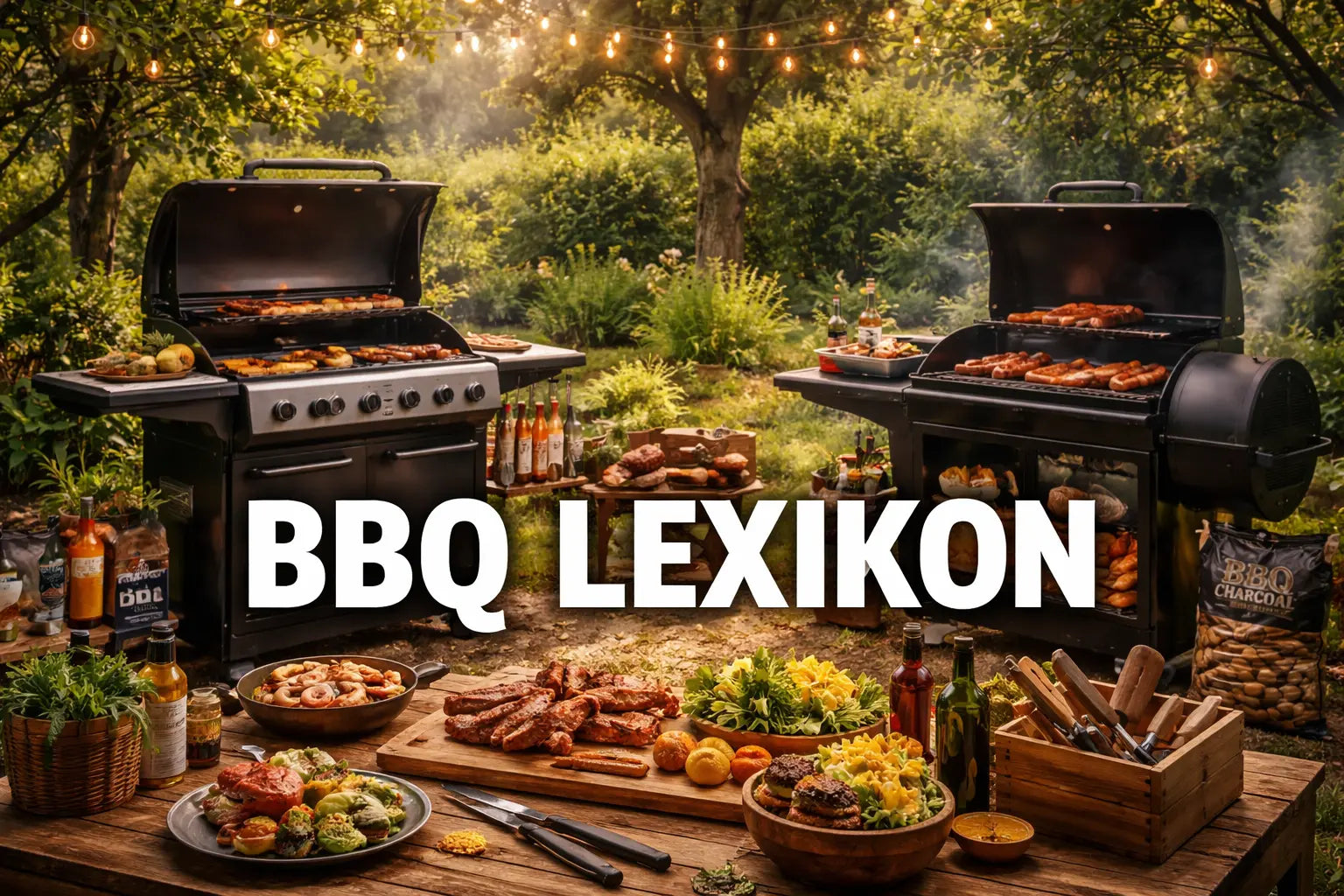 Gasgrill und Smoker stehend im Garten mir viel Zubehör und Zutaten