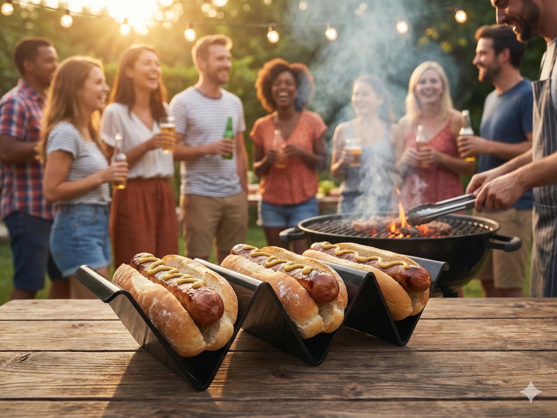 Schwarzer Edelstahl-Halter im Garten, serviert mit 3 Bratwürstchen im Brötchen – Perfekt für Grillpartys