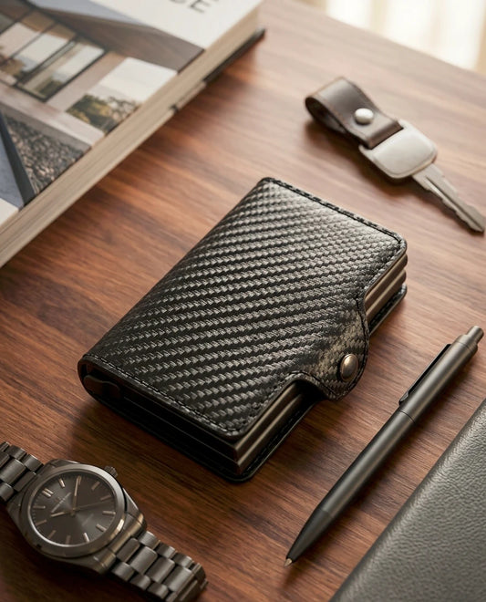 RFID Bireftasche liegt auf einem isch neben einer Uhr, Stift und einem Schlüssel