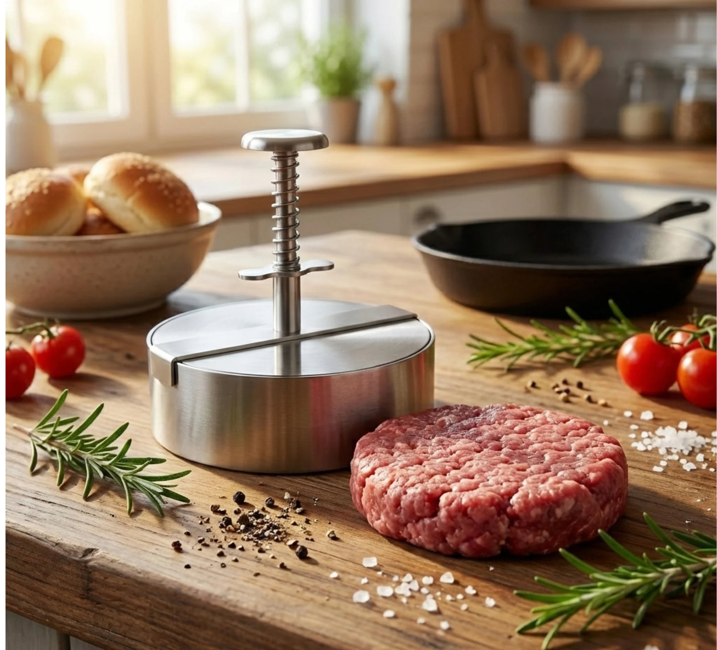 Premium Burgerpatty Presse neben einem Burgerpatty und eine eisernen Gusspfanne