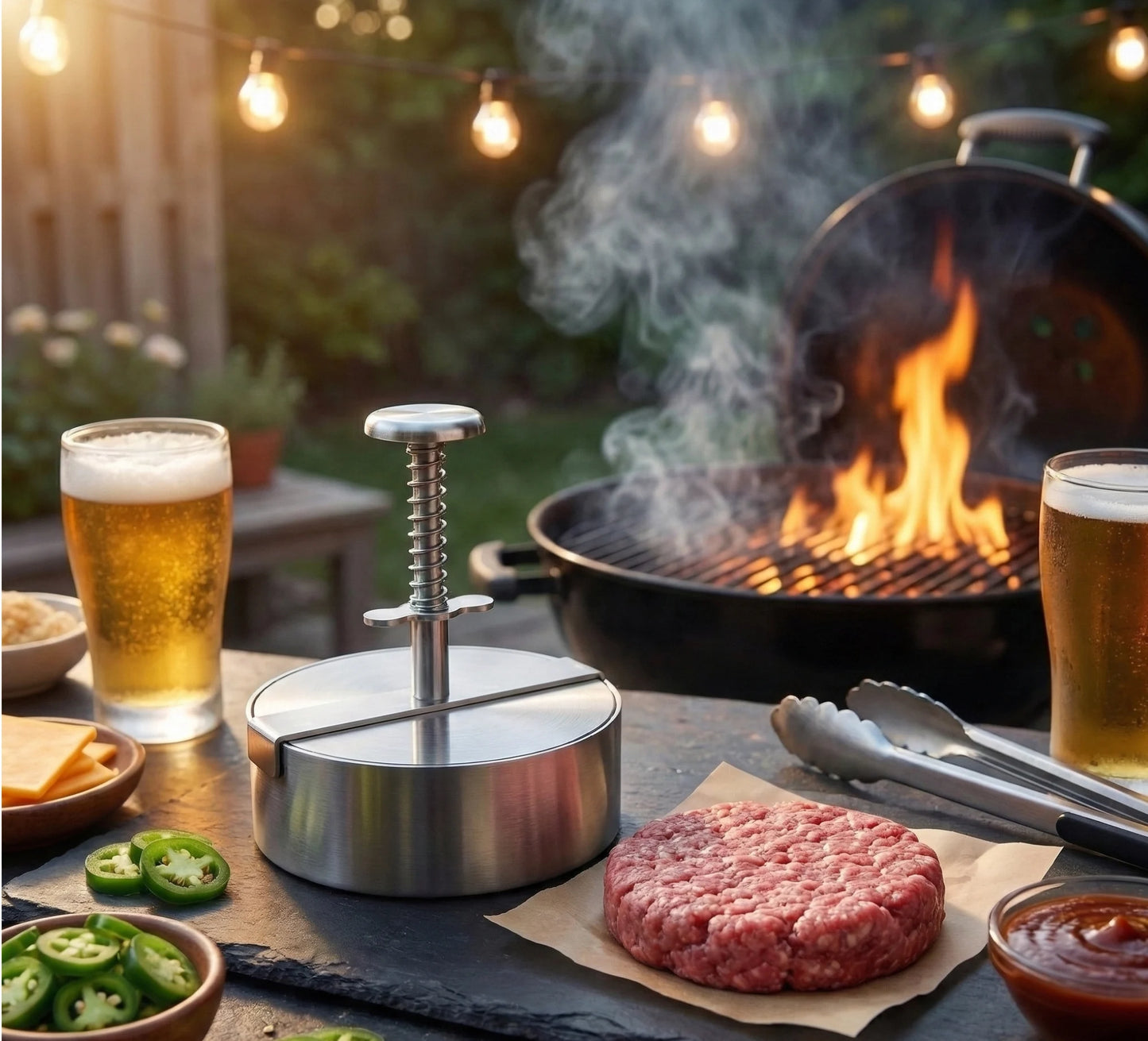 Bester Burgerpresse auf einer Schiefernplatte neben einem Bier. Im Hintergrund ist ein Holzkohlegrill