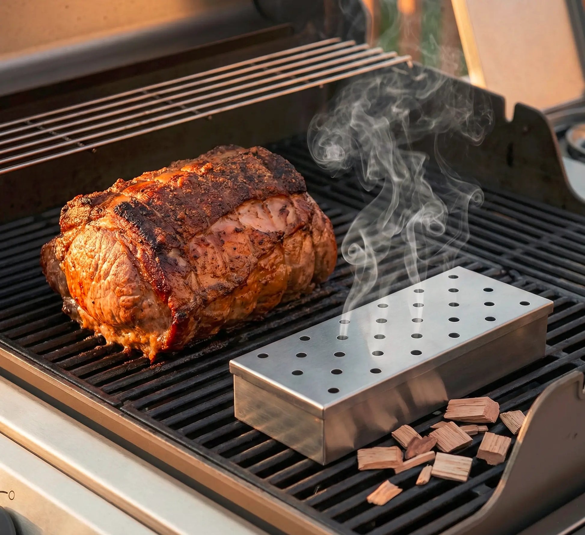 Smokerbox auf einem Gasgrill neben einen Braten