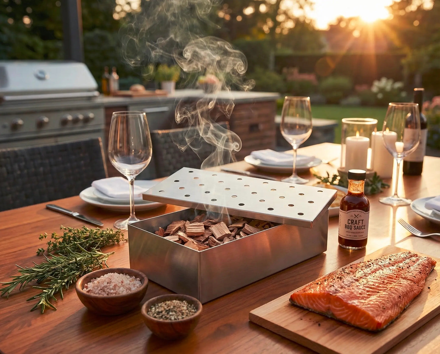 Räucherbox auf einem Tisch mit einem leckeren Lachs und Salz