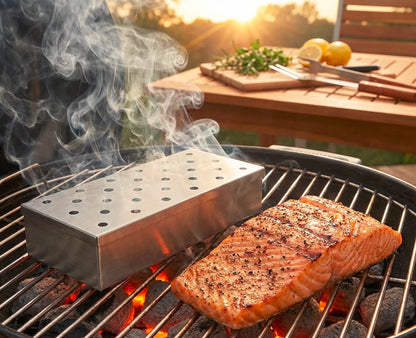 Räucherbox rauchend auf einem Holzkohlegrill neben einem Lachs
