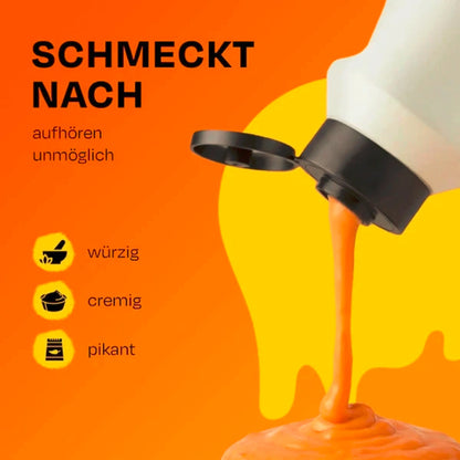 Sauce wird aus der Flasche gedrückt, lecker!