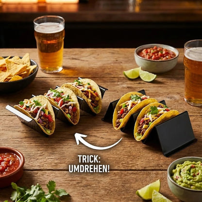 Schwarzer Edelstahl-Taco-Halter in W-Form: Wendbar für wahlweise 2 oder 3 Tacos."
