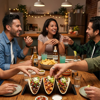 Geselliger Abend mit Freunden: Schwarzer Edelstahl-Taco-Halter für 3 Tacos auf einem gedeckten Esstisch