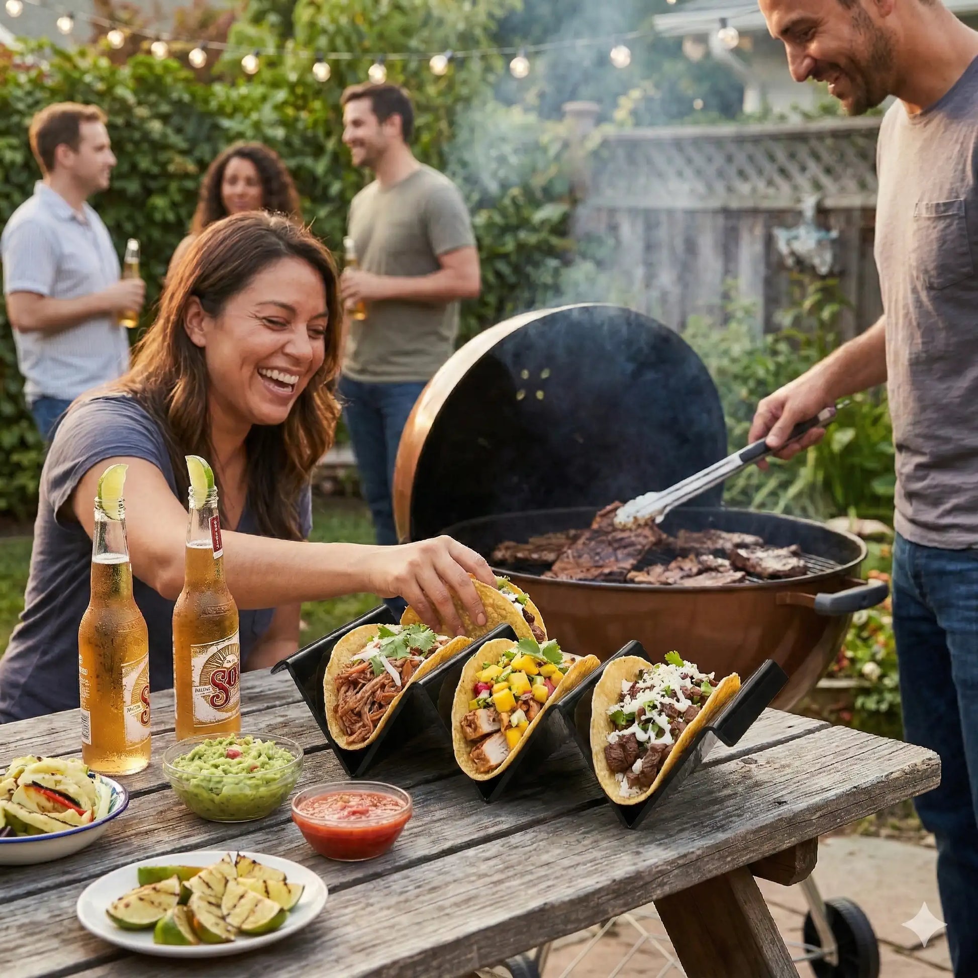 Sommerliche Grillparty: Frau serviert 3 Tacos im schwarzen Edelstahl-Halter, im Hintergrund ein brennender Grill im Garten