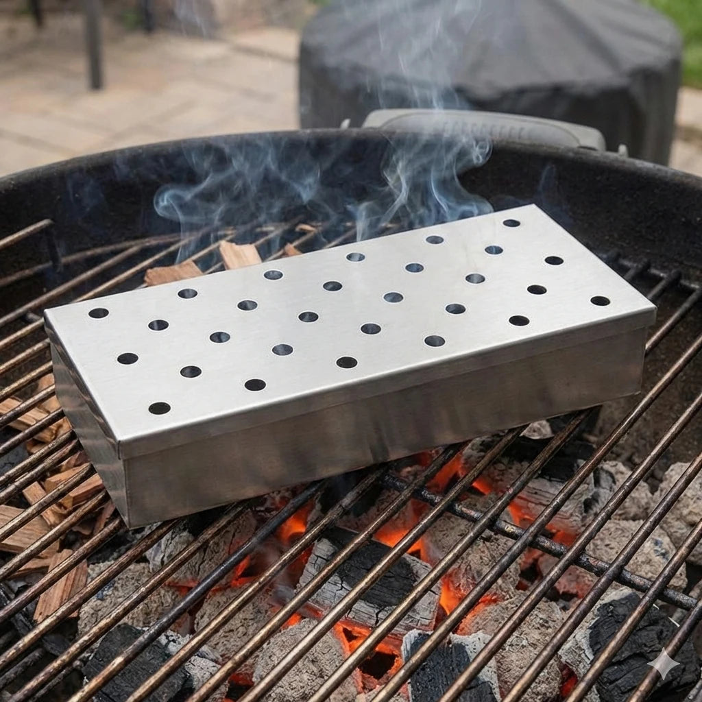 Rechteckige Edelstahl-Räucherbox gefüllt mit Holzchips auf einem heißen Holzkohlegrill-Rost