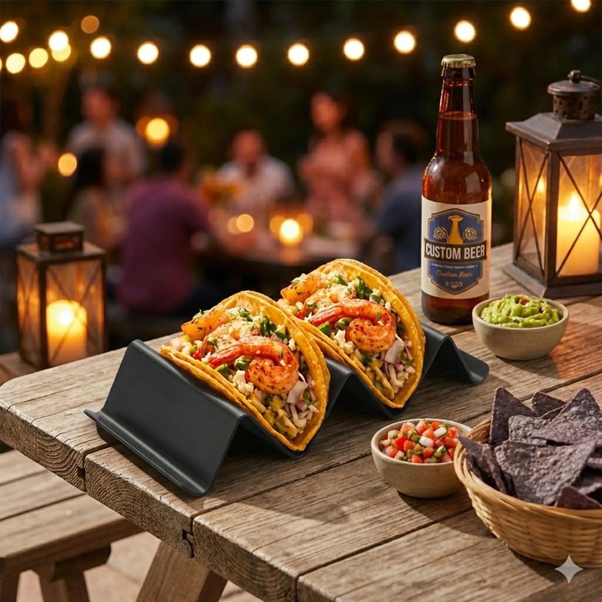 Schwarzer Taco Halter mit zwei Tacos auf einem rustikalen Holztisch neben einem kühlen Getränk