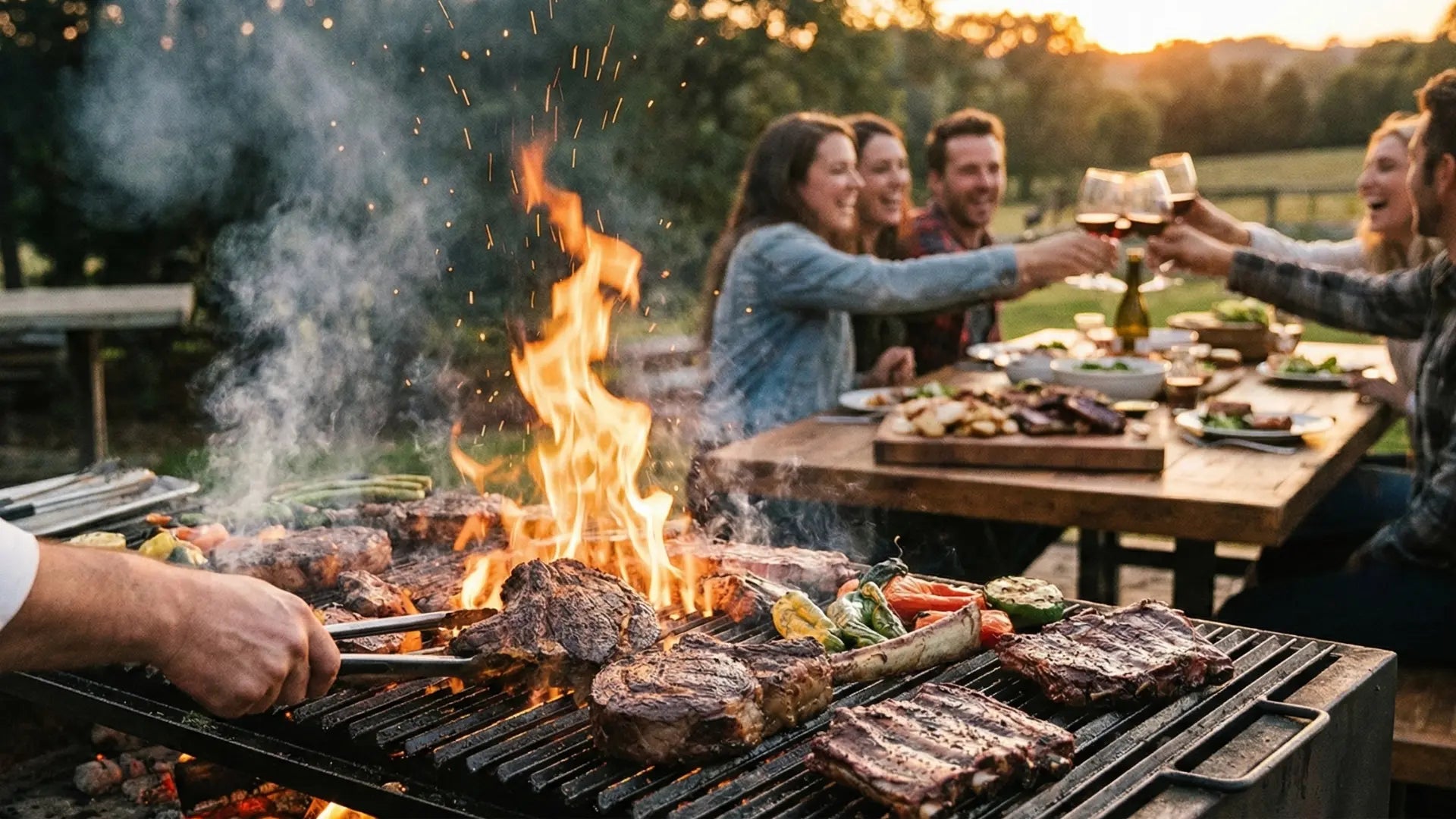 Nahaufnahme eines Grillmeisters, der saftiges Fleisch über offenem Feuer wendet, während eine Gruppe Freunde im Hintergrund bei Sonnenuntergang im Garten anstößt.